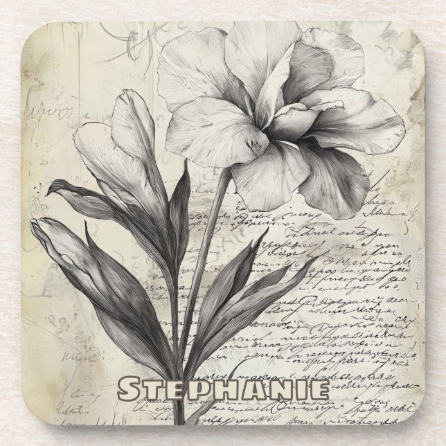 Rustic Floral Sketch with Calligraphy - Aged (3) Coaster (Front)