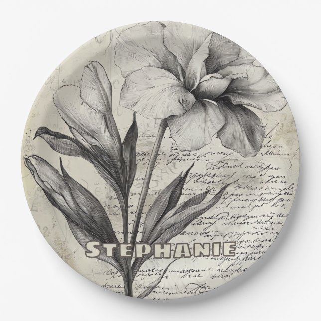 Rustic Floral Sketch with Calligraphy - Aged (3) Paper Plate (Front)