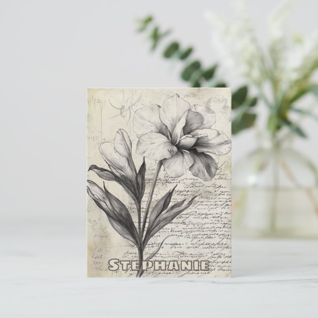 Rustic Floral Sketch with Calligraphy - Aged (3) Postcard (Standing Front)
