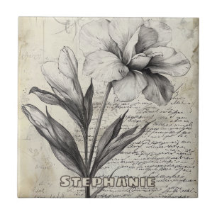 Rustic Floral Sketch with Calligraphy - Aged (3) Tile
