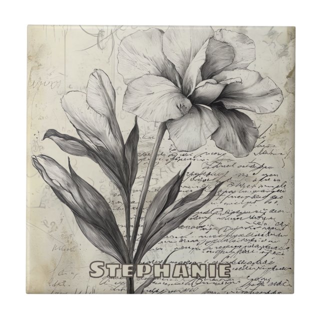 Rustic Floral Sketch with Calligraphy - Aged (3) Tile (Front)