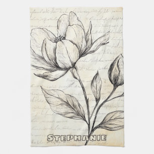 Rustic Floral Sketch with Calligraphy - Aged (4) Kitchen Towel