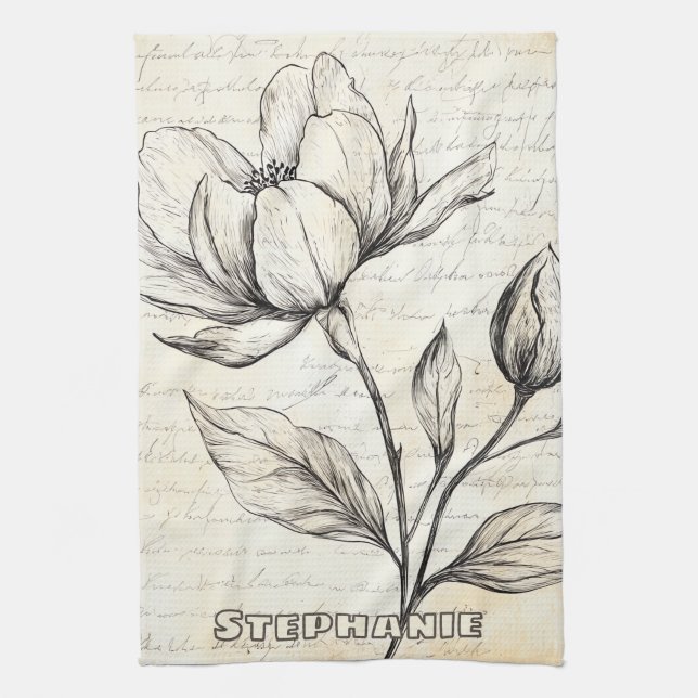 Rustic Floral Sketch with Calligraphy - Aged (4) Kitchen Towel (Vertical)