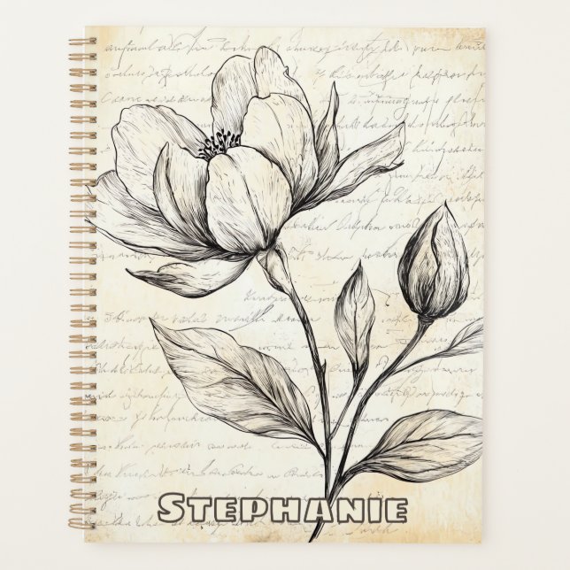 Rustic Floral Sketch with Calligraphy - Aged (4) Planner (Front)