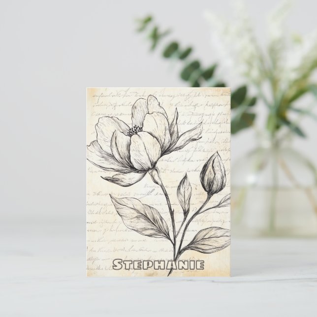 Rustic Floral Sketch with Calligraphy - Aged (4) Postcard (Standing Front)