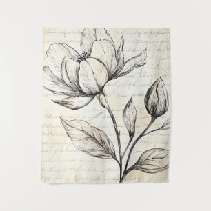 Rustic Floral Sketch with Calligraphy - Aged (4) Tapestry