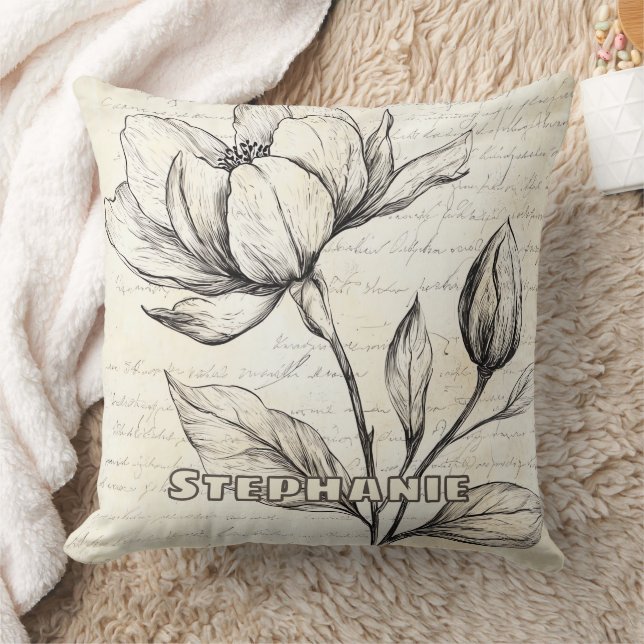 Rustic Floral Sketch with Calligraphy - Aged (4) Throw Pillow (Blanket)