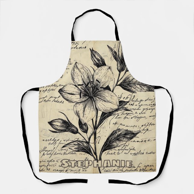 Rustic Floral Sketch with Calligraphy - Aged (5) Apron (Front)