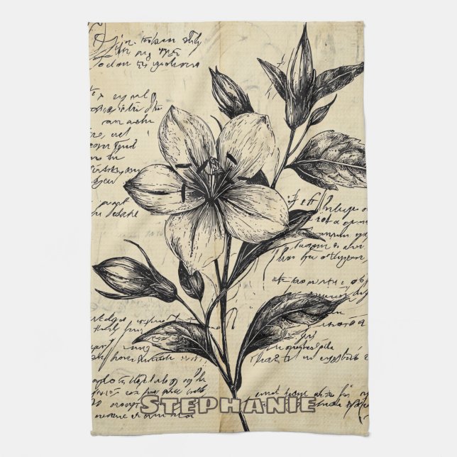 Rustic Floral Sketch with Calligraphy - Aged (5) Kitchen Towel (Vertical)