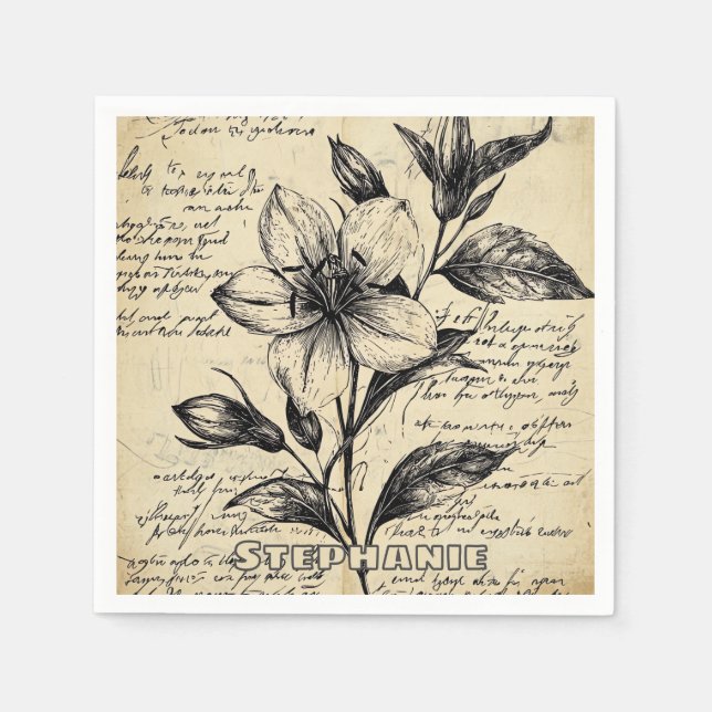 Rustic Floral Sketch with Calligraphy - Aged (5) Napkin (Front)