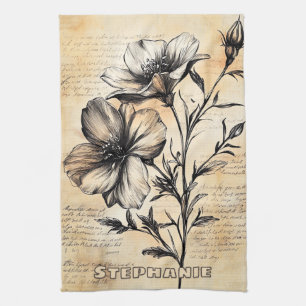 Rustic Floral Sketch with Calligraphy - Aged (6) Kitchen Towel