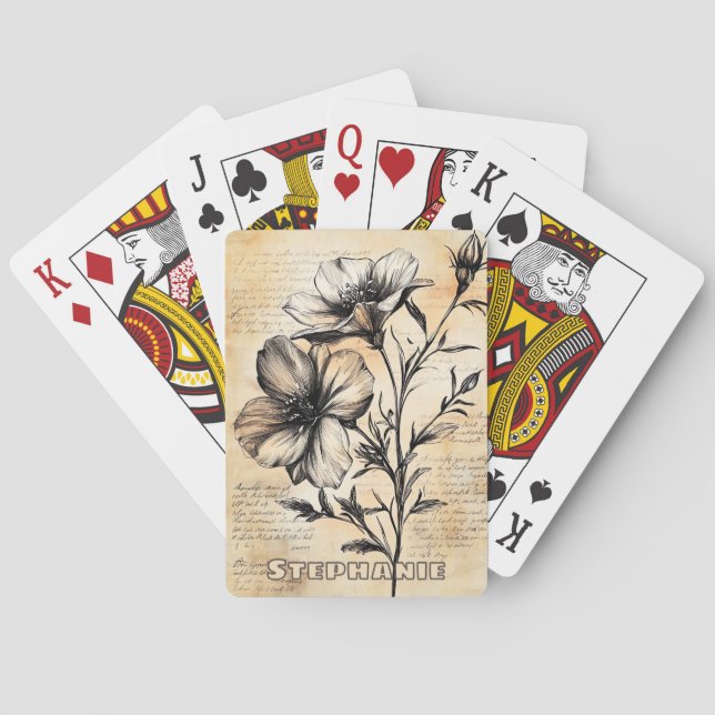 Rustic Floral Sketch with Calligraphy - Aged (6) Playing Cards (Back)