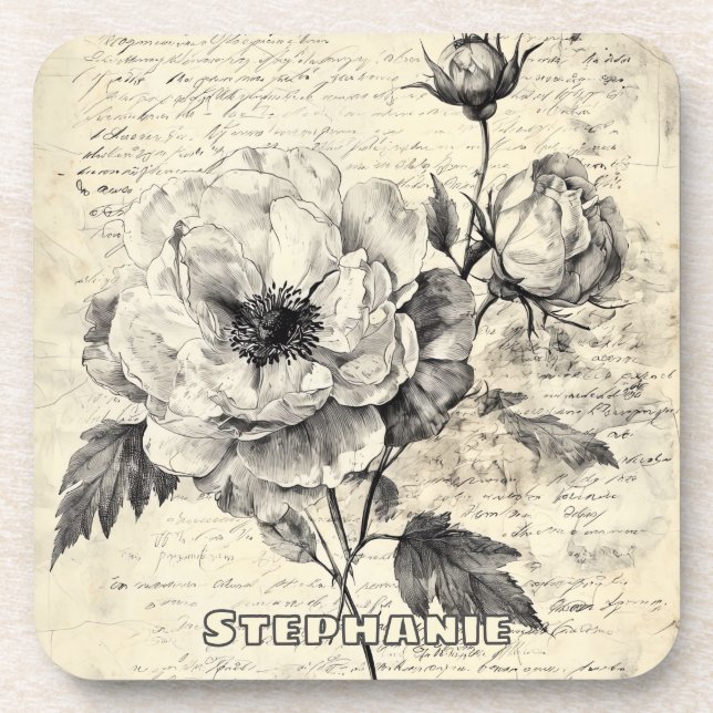 Rustic Floral Sketch with Calligraphy - Aged (7) Coaster (Front)