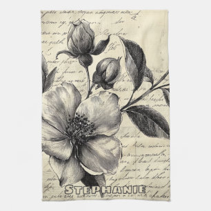 Rustic Floral Sketch with Calligraphy - Aged (8) Kitchen Towel