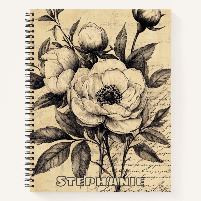 Rustic Floral Sketch with Calligraphy - Aged (9) Notebook (Front)