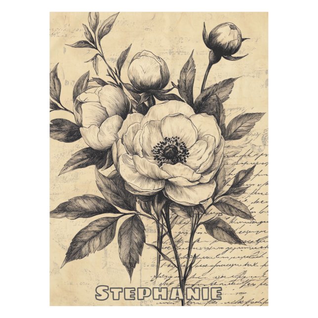 Rustic Floral Sketch with Calligraphy - Aged (9) Tablecloth (Front)
