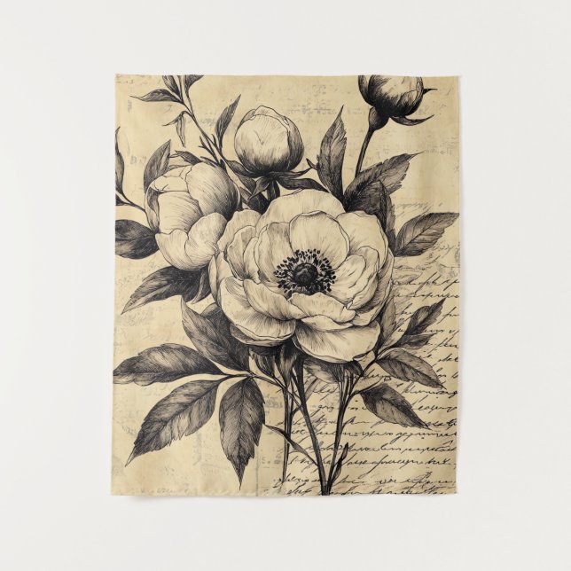 Rustic Floral Sketch with Calligraphy - Aged (9) Tapestry (Front)