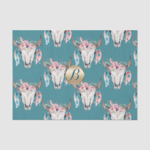 Rustic Floral Skull Boho Monogram Personalized Tissue Paper