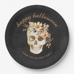 Rustic Floral Skull Halloween Paper Plate