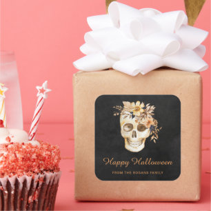 Rustic Floral Skull Halloween Square Sticker