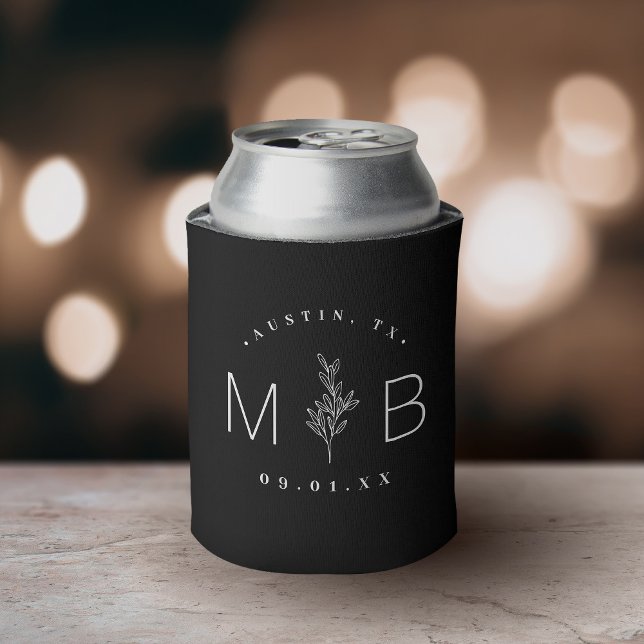 Rustic Floral Stem Wedding Monogram | Black Can Cooler (Creator Uploaded)