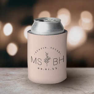 Rustic Floral Stem Wedding Monogram Blush Can Cooler