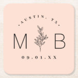 Rustic Floral Stem Wedding Monogram | Blush Square Paper Coaster<br><div class="desc">Personalize the template with the bride and groom's names or monogram initials. Add your wedding date, the city, state or venue name or any other custom text. This modern rustic logo-style design has a simple floral stem and mixed typography. Use the design tools to choose any colours, edit the fonts...</div>