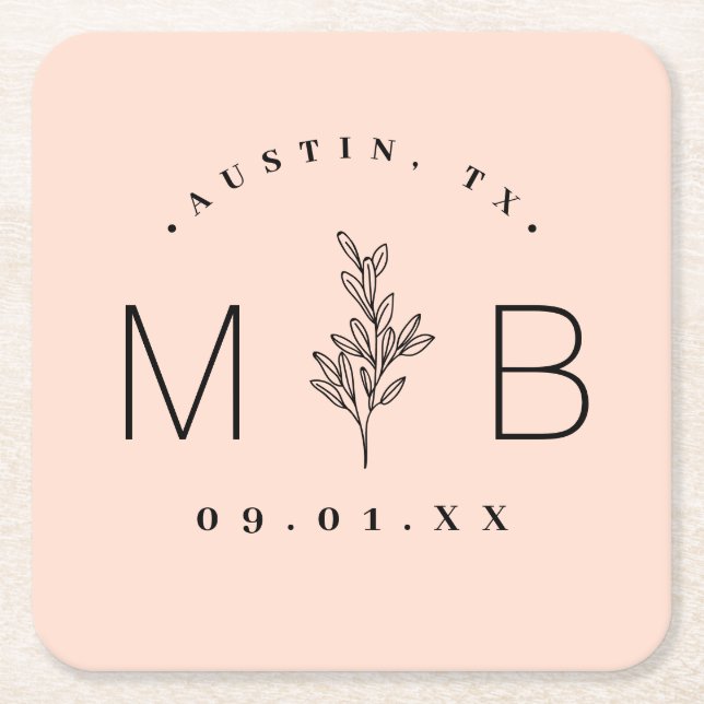 Rustic Floral Stem Wedding Monogram | Blush Square Paper Coaster (Front)