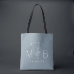 Rustic Floral Stem Wedding Monogram | Dusty Blue Tote Bag<br><div class="desc">Custom printed tote bags make a fun and functional wedding favour your guests will love! Personalize the template with the bride and groom's names or monogram initials. Add your wedding date, the city, state or venue name or any other custom text. This modern rustic logo-style design has a simple floral...</div>