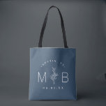 Rustic Floral Stem Wedding Monogram | Lake Blue Tote Bag<br><div class="desc">Custom printed tote bags make a fun and functional wedding favour your guests will love! Personalize the template with the bride and groom's names or monogram initials. Add your wedding date, the city, state or venue name or any other custom text. This modern rustic logo-style design has a simple floral...</div>