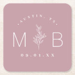 Rustic Floral Stem Wedding Monogram | Mauve Square Paper Coaster<br><div class="desc">Personalize the template with the bride and groom's names or monogram initials. Add your wedding date, the city, state or venue name or any other custom text. This modern rustic logo-style design has a simple floral stem and mixed typography. Use the design tools to choose any colours, edit the fonts...</div>