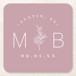 Rustic Floral Stem Wedding Monogram   Mauve Square Paper Coaster