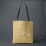 Rustic Floral Stem Wedding Monogram | Mustard Tote Bag<br><div class="desc">Custom printed tote bags make a fun and functional wedding favour your guests will love! Personalize the template with the bride and groom's names or monogram initials. Add your wedding date, the city, state or venue name or any other custom text. This modern rustic logo-style design has a simple floral...</div>