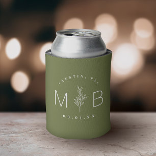 Rustic Floral Stem Wedding Monogram   Olive Green Can Cooler