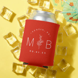 Rustic Floral Stem Wedding Monogram   Red Can Cooler