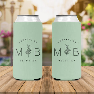 Rustic Floral Stem Wedding Monogram Sage Seltzer Can Cooler