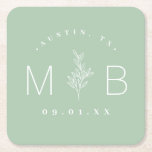 Rustic Floral Stem Wedding Monogram | Sage Square Paper Coaster<br><div class="desc">Personalize the template with the bride and groom's names or monogram initials. Add your wedding date, the city, state or venue name or any other custom text. This modern rustic logo-style design has a simple floral stem and mixed typography. Use the design tools to choose any colours, edit the fonts...</div>