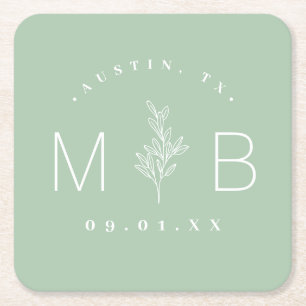 Rustic Floral Stem Wedding Monogram   Sage Square Paper Coaster