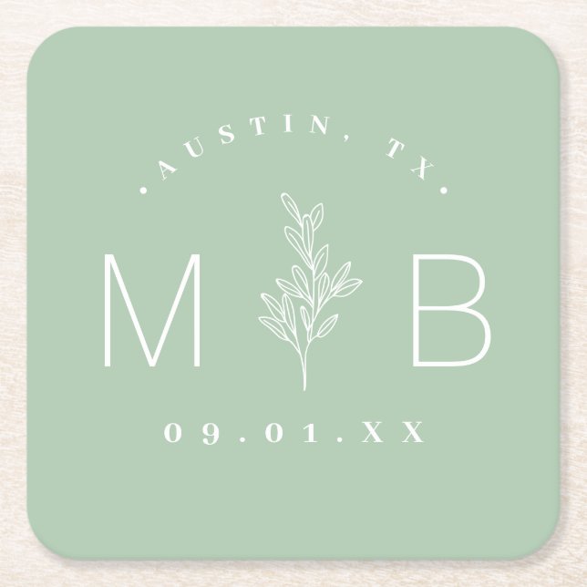 Rustic Floral Stem Wedding Monogram | Sage Square Paper Coaster (Front)