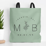 Rustic Floral Stem Wedding Monogram | Sage Tote Bag<br><div class="desc">Custom printed tote bags make a fun and functional wedding favour your guests will love! Personalize the template with the bride and groom's names or monogram initials. Add your wedding date, the city, state or venue name or any other custom text. This modern rustic logo-style design has a simple floral...</div>