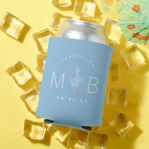 Rustic Floral Stem Wedding Monogram   Sky Blue Can Cooler