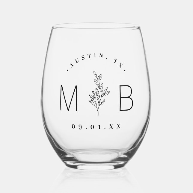 Rustic Floral Stem Wedding Monogram Stemless Wine Glass (Front)