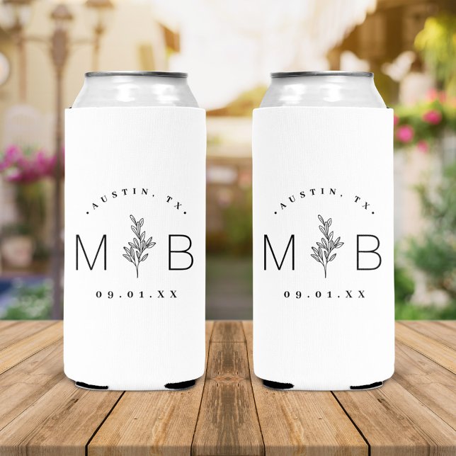 Rustic Floral Stem Wedding Monogram | White Seltzer Can Cooler (Creator Uploaded)