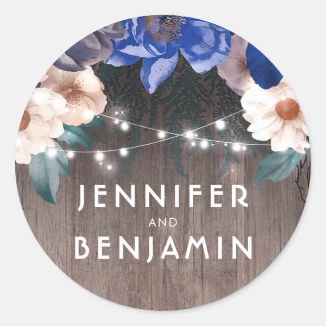 Rustic Floral String Lights Barn Navy Fall Wedding Classic Round Sticker (Front)