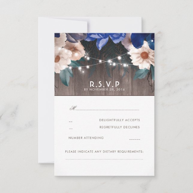 Rustic Floral String Lights Blue Wedding RSVP Card (Front)