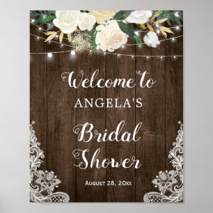 Rustic Floral String Lights Bridal Shower Sign