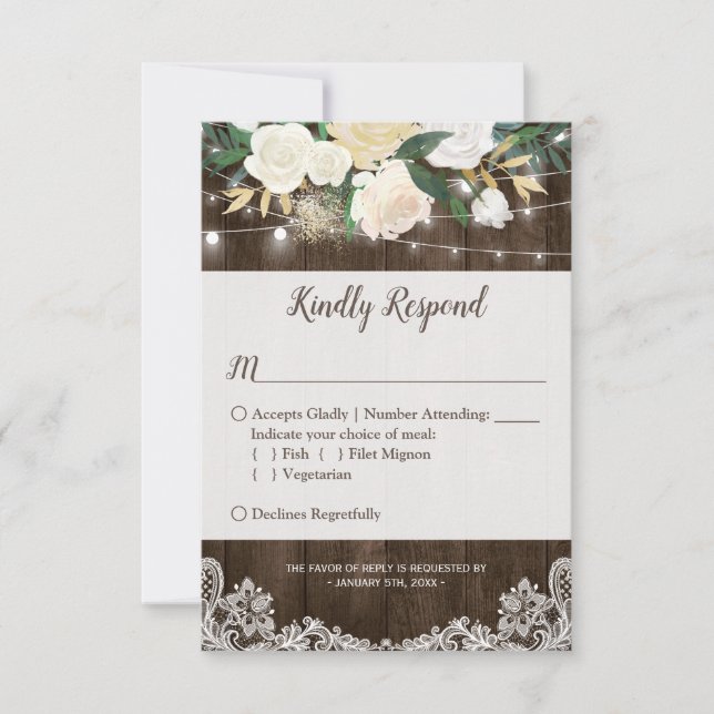 Rustic Floral String Lights Lace Wedding RSVP Card (Front)