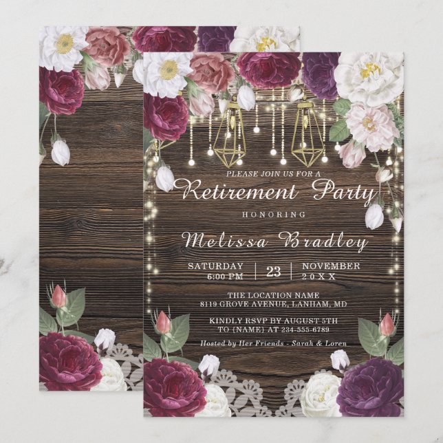 Rustic Floral String Lights Retirement Party Invitation (Front/Back)