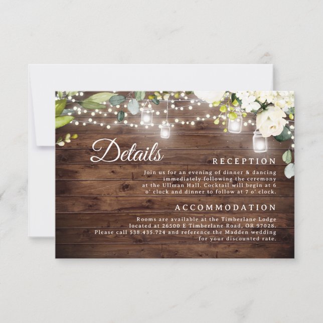 Rustic Floral String Lights Wedding Details Card  (Front)