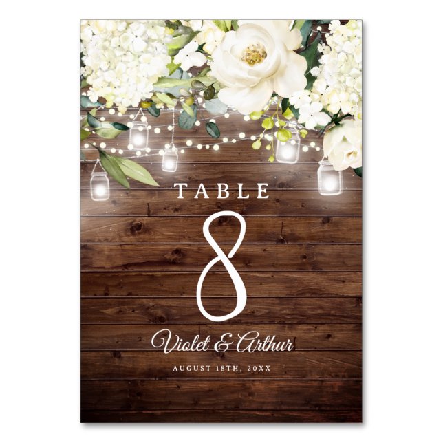 Rustic Floral String Lights Wedding Table Number (Back)